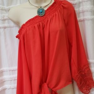 Orange melon sheer crop top off shoulder